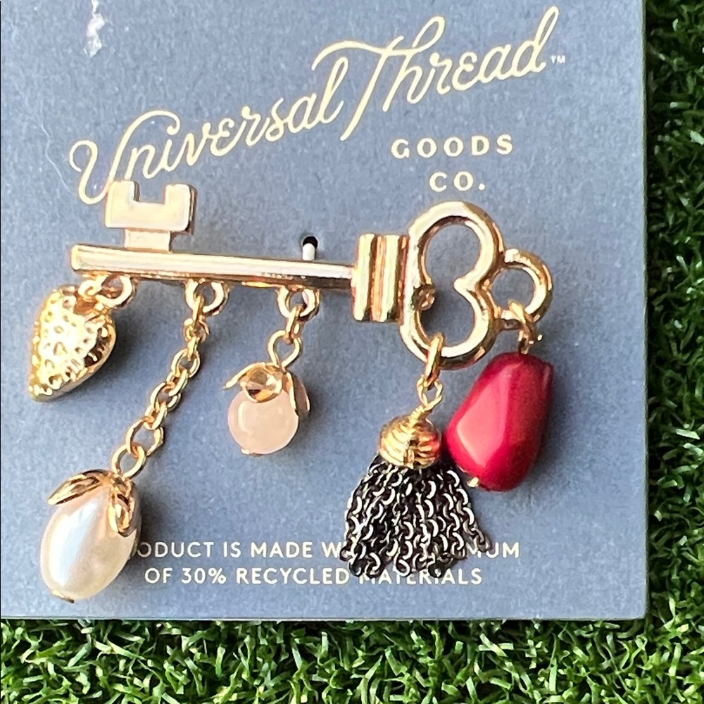 Universal Thread Gold Key Brooch with Red, Pearl and Black Tassel Accents
